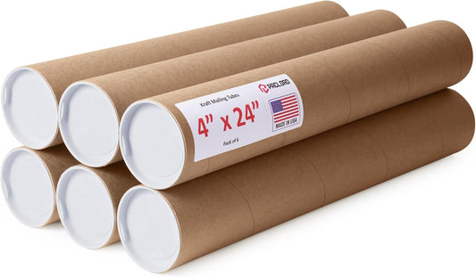 4" x 24" Reinforced Kraft Paper Mailing Tubes, Pack of 6 Tubes with 2 Caps Each – USPS Approved Poster Tube – Made in USA Cardboard Tube for Shipping and Storing Posters, Prints, Artwork, or Documents