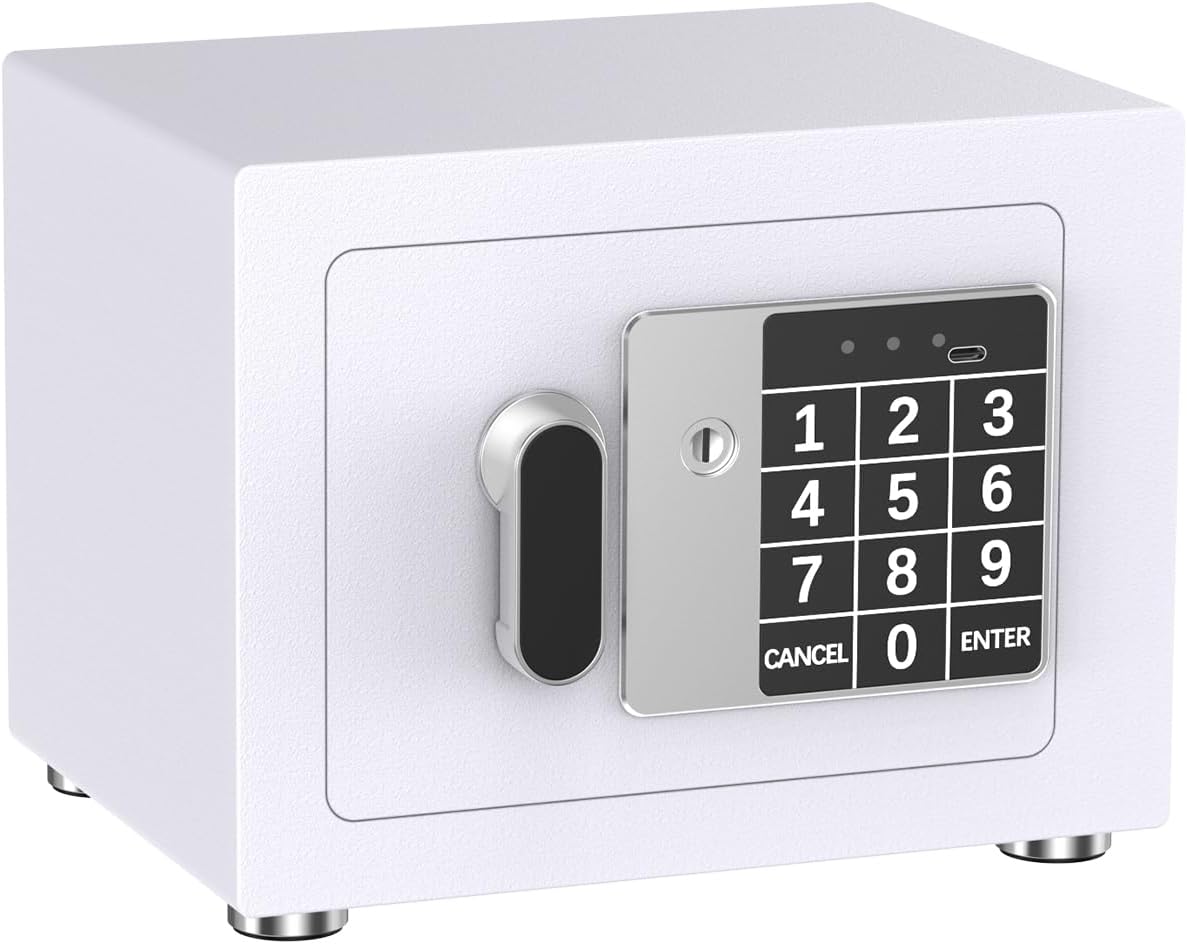 Small Home Safe, 6.7”D x 9”W x 6.7”H, Electronic Keypad Lock Security Box for Cash, Jewelry, Passport, Hidden Safe for Closet, College Dorm Room, White