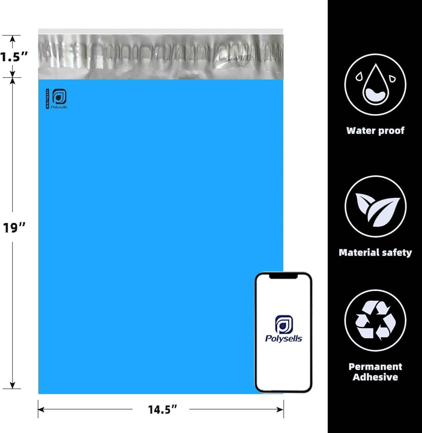 POLYSELLS 100 pcs 14.5x19 Inches Blue Poly Mailers Shipping Envelopes, Strong Adhesive Sealing, Waterproof, and Tear-resistant Postal Mailing Bags for Clothing, Books, and Accessories