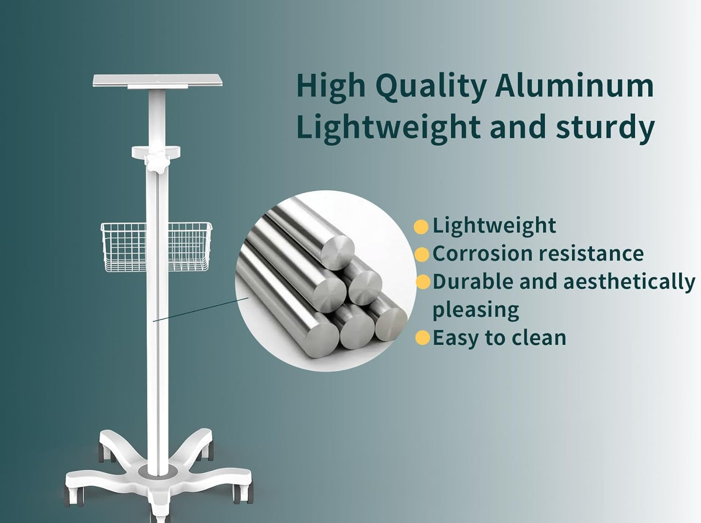Mount Plus X3 Height Adjustable Aluminium Rolling Stand for Patient Monitor Medical Trolley Cart with Basket and and Locking Casters for Dental Office, Hospital, Clinic
