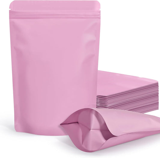 100 Pack Resealable Stand Up Bags, 4.7" x 7.9" Smell Proof Pouch Sealable Foil Pouch Bags for Packaging (Pink)