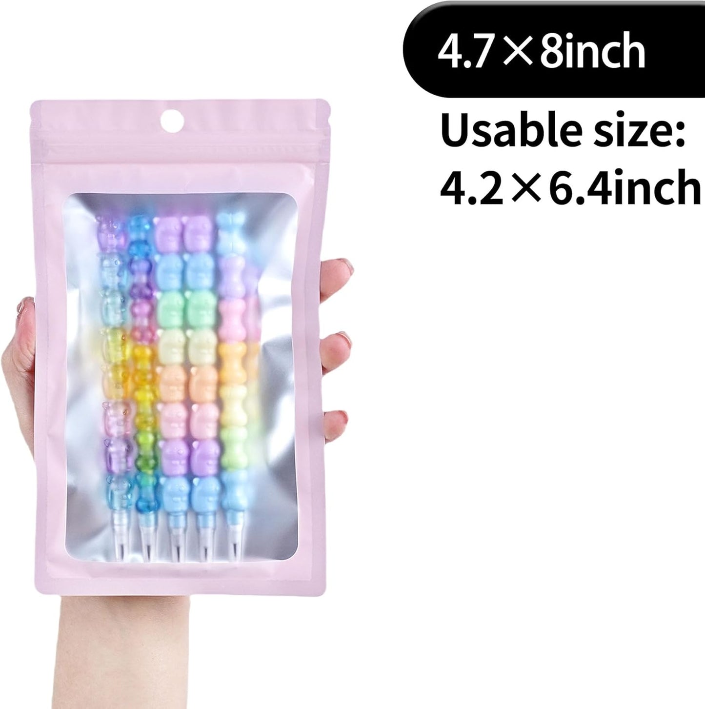 Resealable Mylar Pouch Bag Great for Office Home Party Favor Food Storage (100PCS, Pink Color, 4.7 x 8 inch)