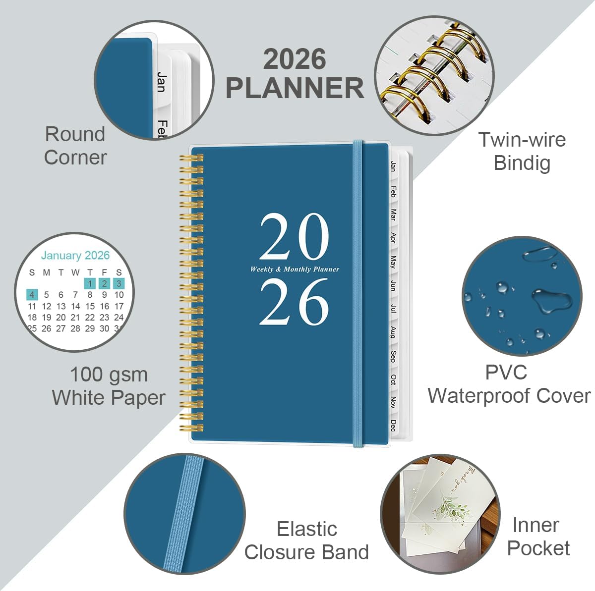 2026 Planner - A5 Weekly & Monthly Planners Spiral Bound, January 2026 - December 2026, 2026 Planner with Flexible Cover, Tabs, Inner Pocket, 6.4" x 8.5", Dark Blue