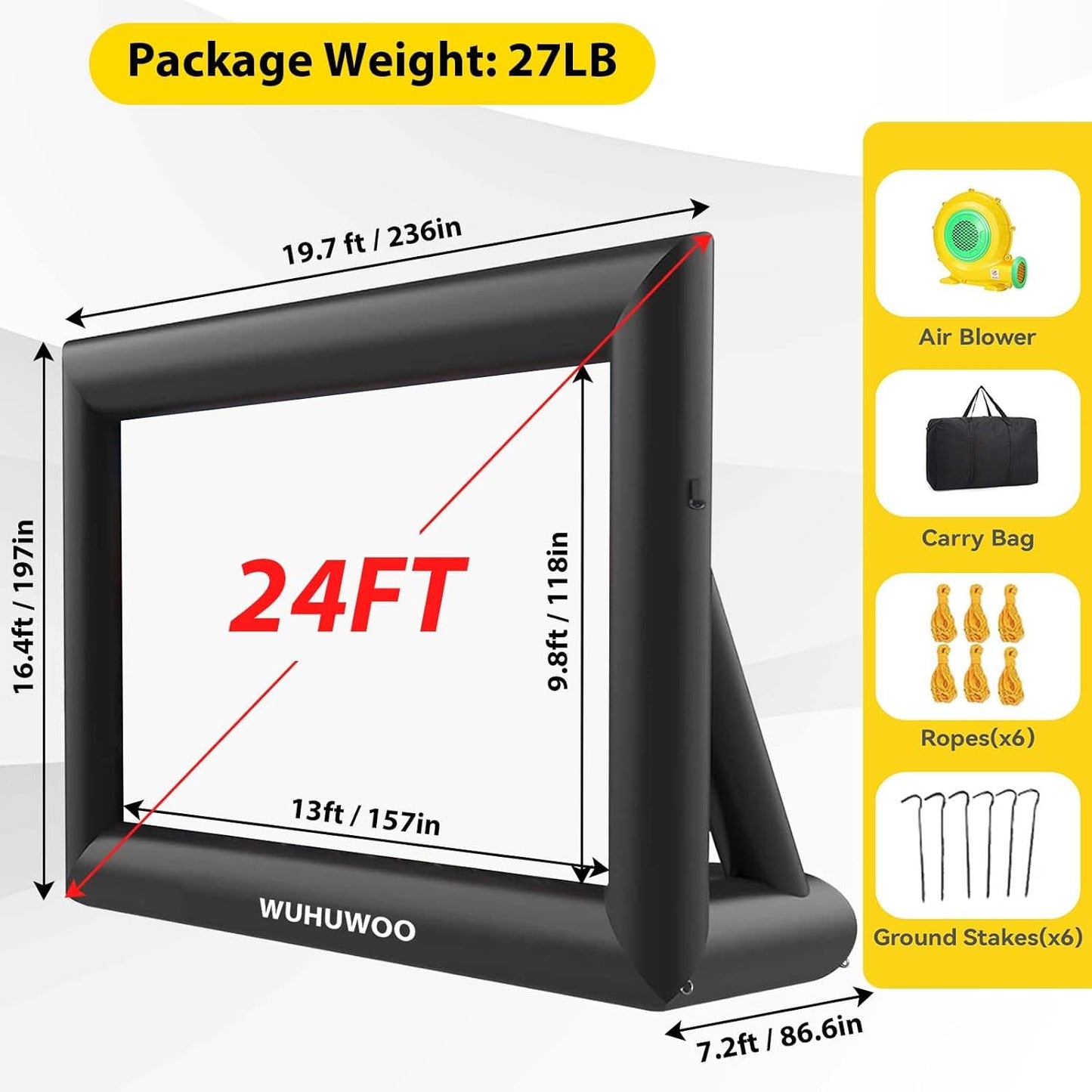 Inflatable Movie Screen Outdoor, 24FT Blow Up Projector Screen for Outside with Air Blower and Carry Bag, Support Front & Rear Projection Easy Set Up for Backyard Movie Night Pool Party