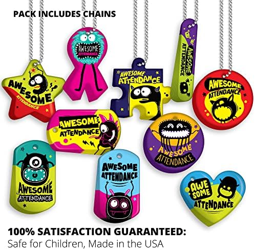 Brag Tags Fun Critters & Monsters Increase Attendance Incentives Value Pack: 500 Multicolor, Waterproof Teslin Brag Tags (50 Per Design) + 150 Hypoallergenic, USA-Made, 24" Aluminum Safety Chains