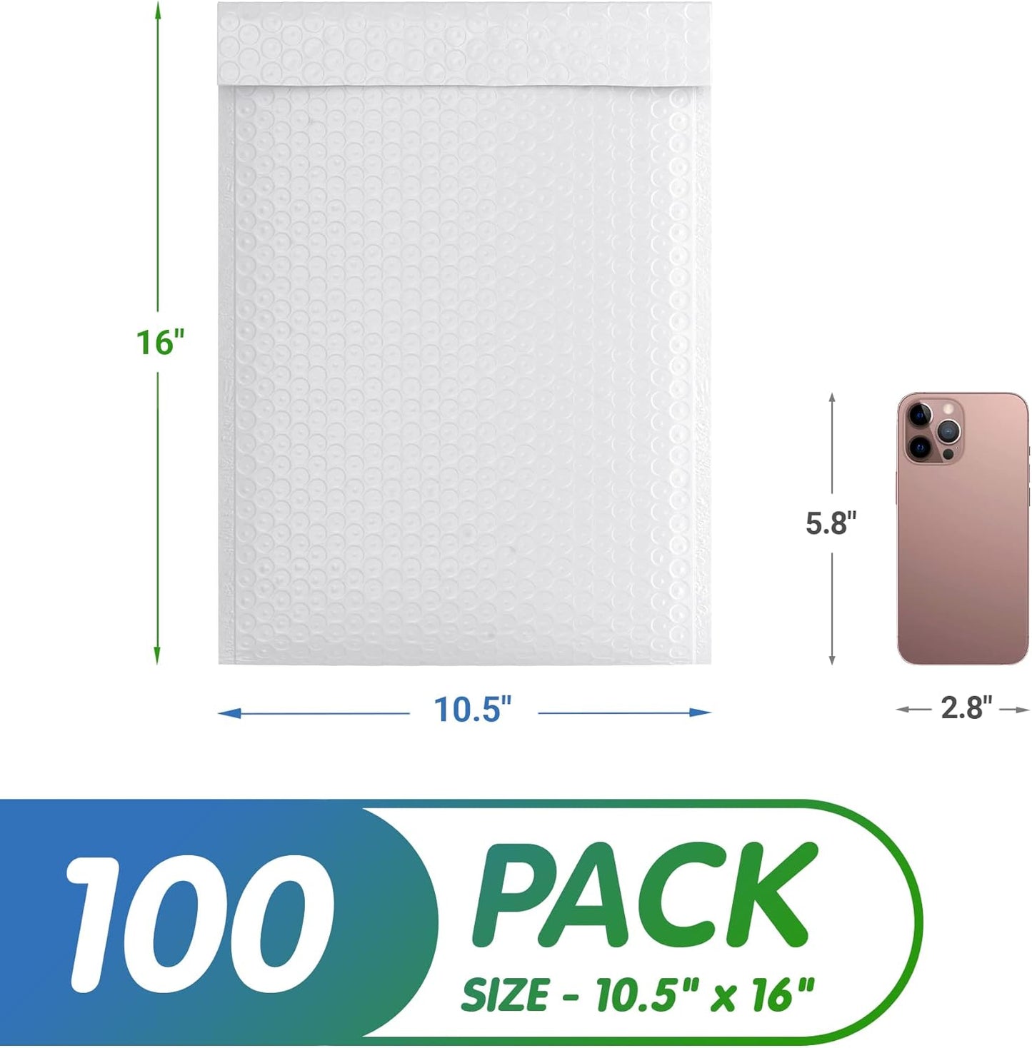 White Poly Bubble Mailers Self Seal, 10.5 x 16 Inch. Pack of 100 Bubble Packaging Envelopes for Shipping. Durable Padded Envelopes Waterproof. Self Seal Padded Mailers. Shipping Packages