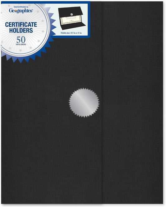 Certificate Holders - Tri-Fold Navy Linen 9.25x12.5 Inches - 50 Pack - Embossed Die-Cut 80 lb Cover Stock - Silver Medallion Foil Stamp - Ideal for Awards - 218 GSM Document Holder