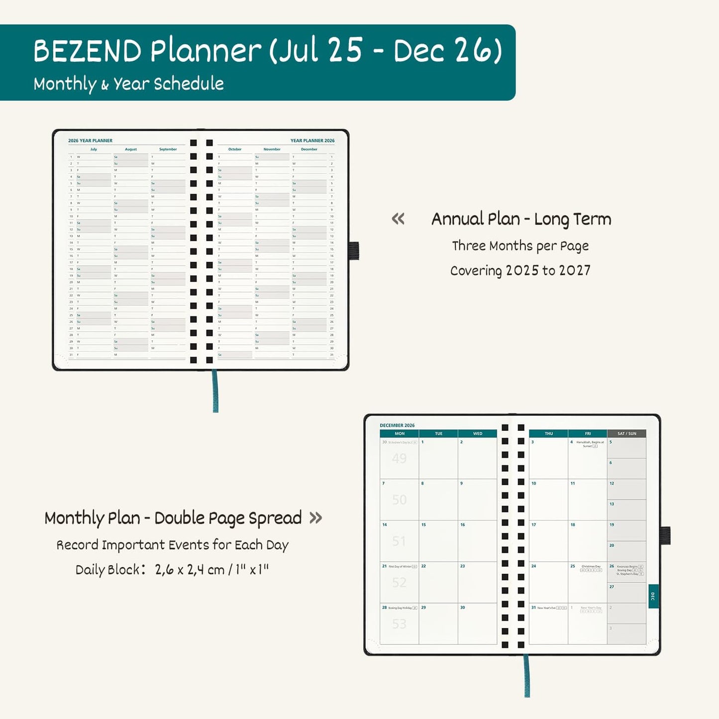 BEZEND Pocket Planner 2025-2026 Weekly with 2 Columns, 18-Month Academic Calendar (Jul 25-Dec 26), Life Work App., Storage Pocket, Pen Holder, PU Leather Softcover 3.5" x 6" Spiral - Black