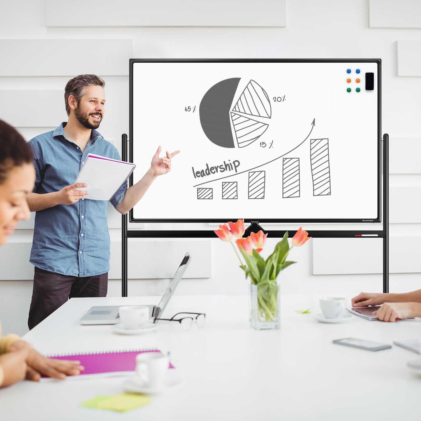 Large Dry-Erase Rolling Magnetic Whiteboard - 48 x 32 Inches Dry Erase Board with Stand Height Adjust Double Sides Mobile White Board Easel on Wheels with 25 Sheets Paper Pad Office, Home & Classroom