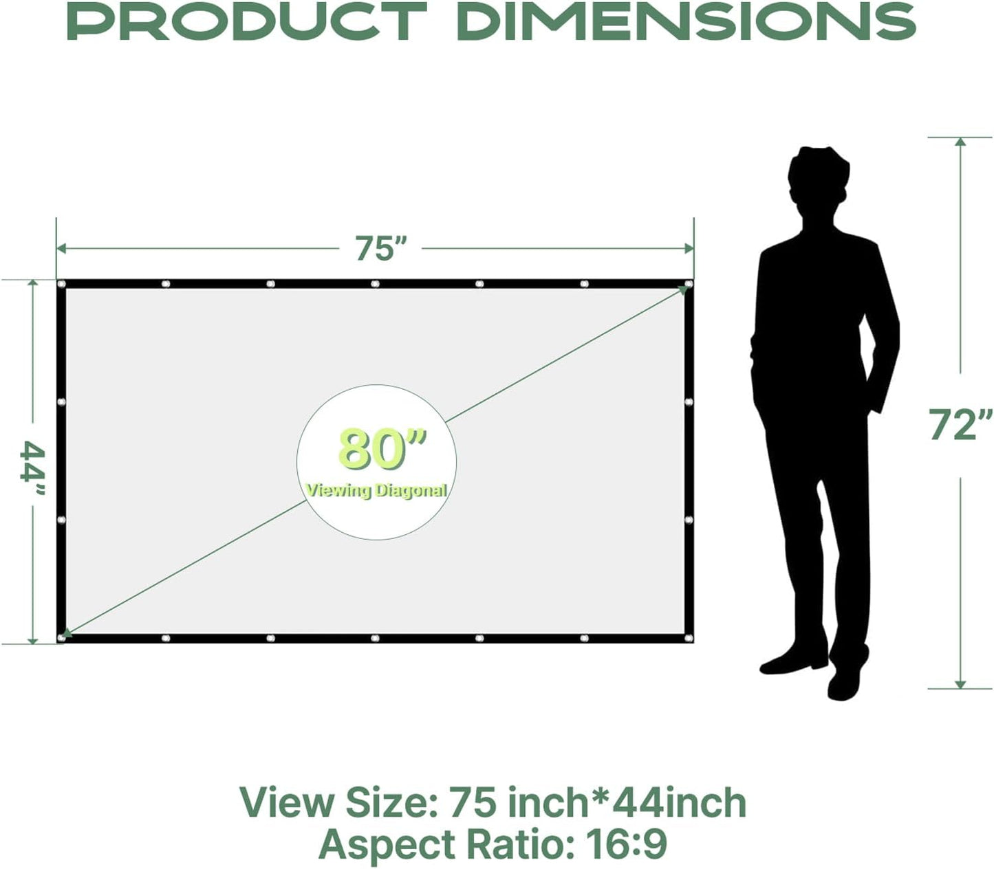 AAJK 80 inch Projector Screen, Washable Projector Screen 16:9 Foldable Anti-Crease Portable Projector Movies Screen for Home Theater Outdoor Indoor Support Double Sided Projection