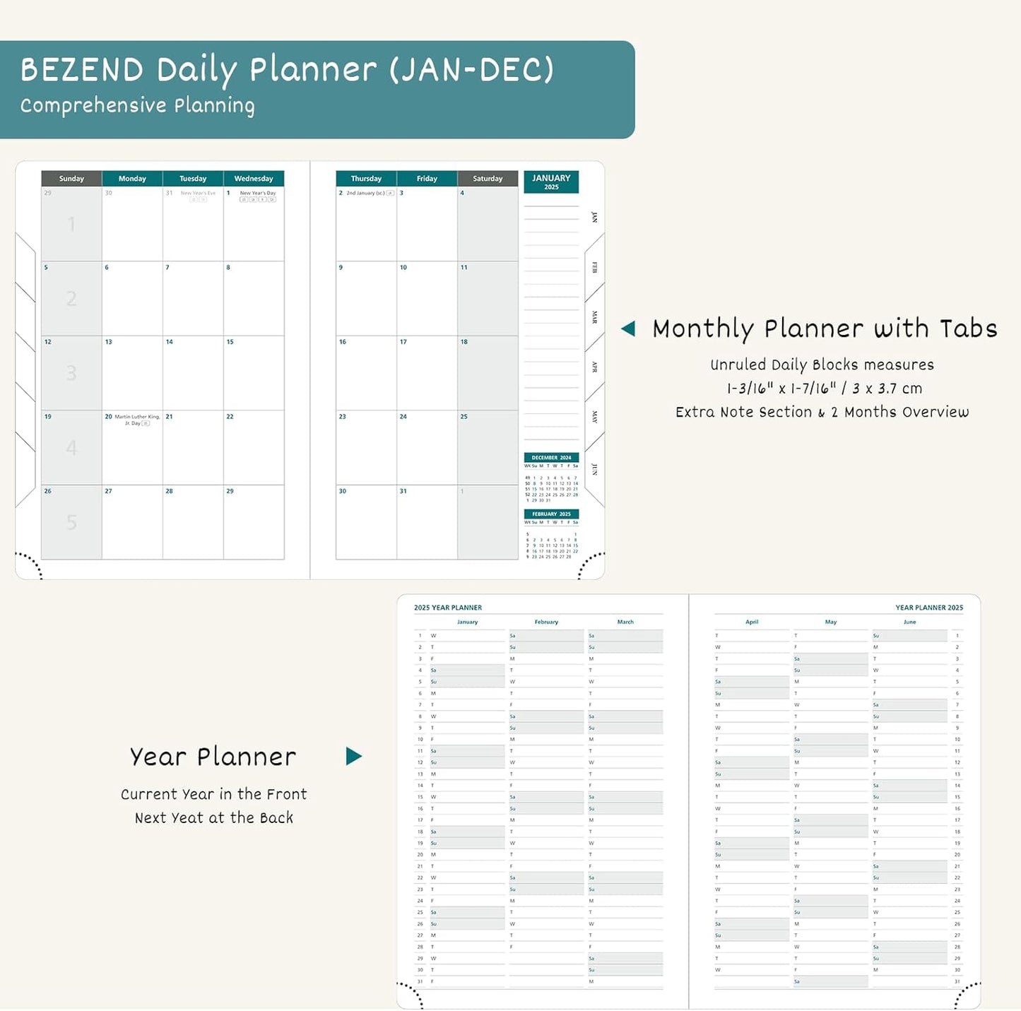 BEZEND Daily Planner 2026 (6" x 8.5") Full Page per Day Even Weekend (Jan-Dec) Monthly Calendar with Tabs, 2 Columns for Dual Schedule with Note, Vegan Leather Hardcover in Fruit Green
