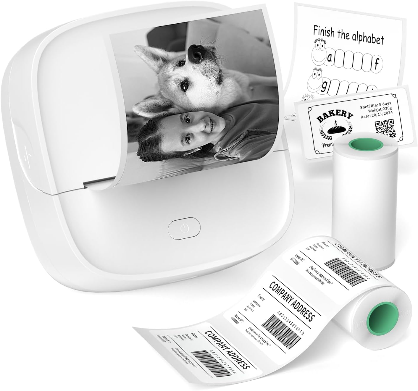 JD-23 Sticker Printer, Mini Portable Thermal Printer Print Pod, Inkless Bluetooth Label Maker with Smart App for Phone & Tablet for Office & Home Use, 2 Rolls Sticker Paper, White