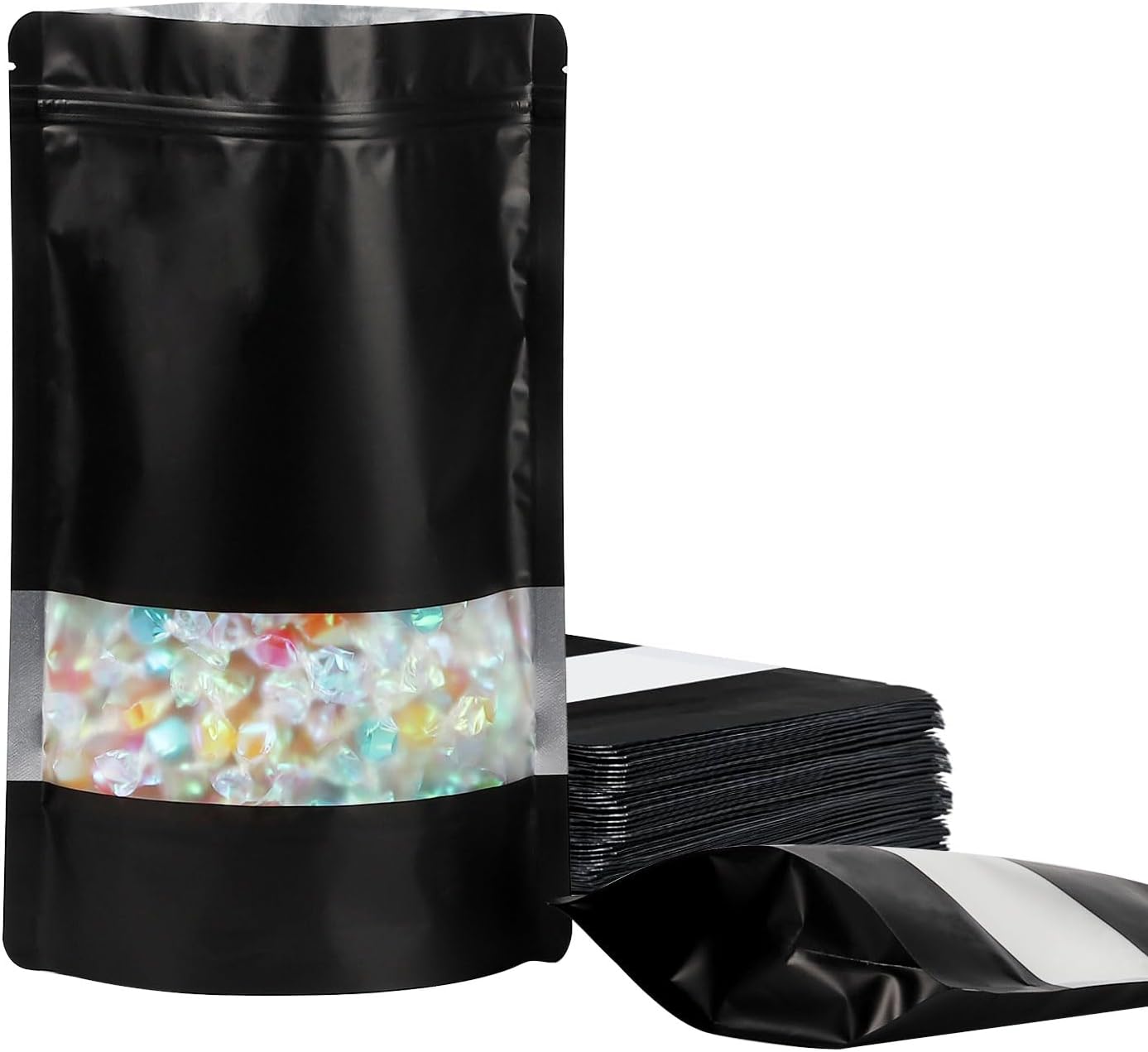 100 Pack Smell Proof Bags, Resealable Mylar Bags with Matte Window, Foil Pouch Stand-up Bags for Food Self Sealing Storage, Scratch Resistant Hand Storage Bags. (Black, 5.5×7.9 Inch)