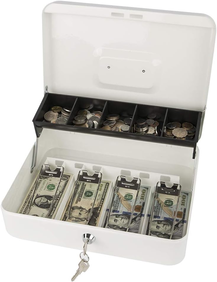 KYODOLED Locking Cash Box with Lock,Money Box with Cash Tray,Lock Safe Box with Key,Money Saving Organizer,11.81Lx 9.45Wx 3.54H Inches,White XL Large