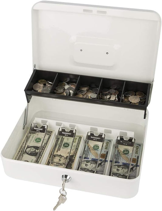 KYODOLED Locking Cash Box with Lock,Money Box with Cash Tray,Lock Safe Box with Key,Money Saving Organizer,11.81Lx 9.45Wx 3.54H Inches,White XL Large