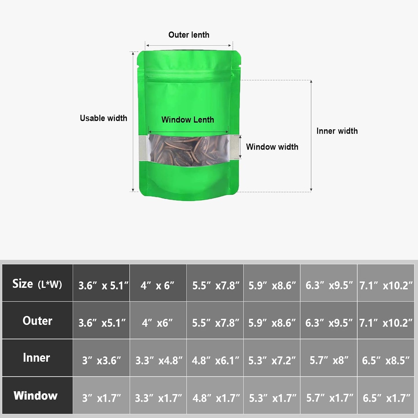 4"x6" 120pcs Mylar Bags for Food Storage,Smell Proof Bag with Matte Window Resealable Food Storage Bags for Small Business, Stand-up Foil Pouch Packaging Freeze Dried Candy Bag（Green）