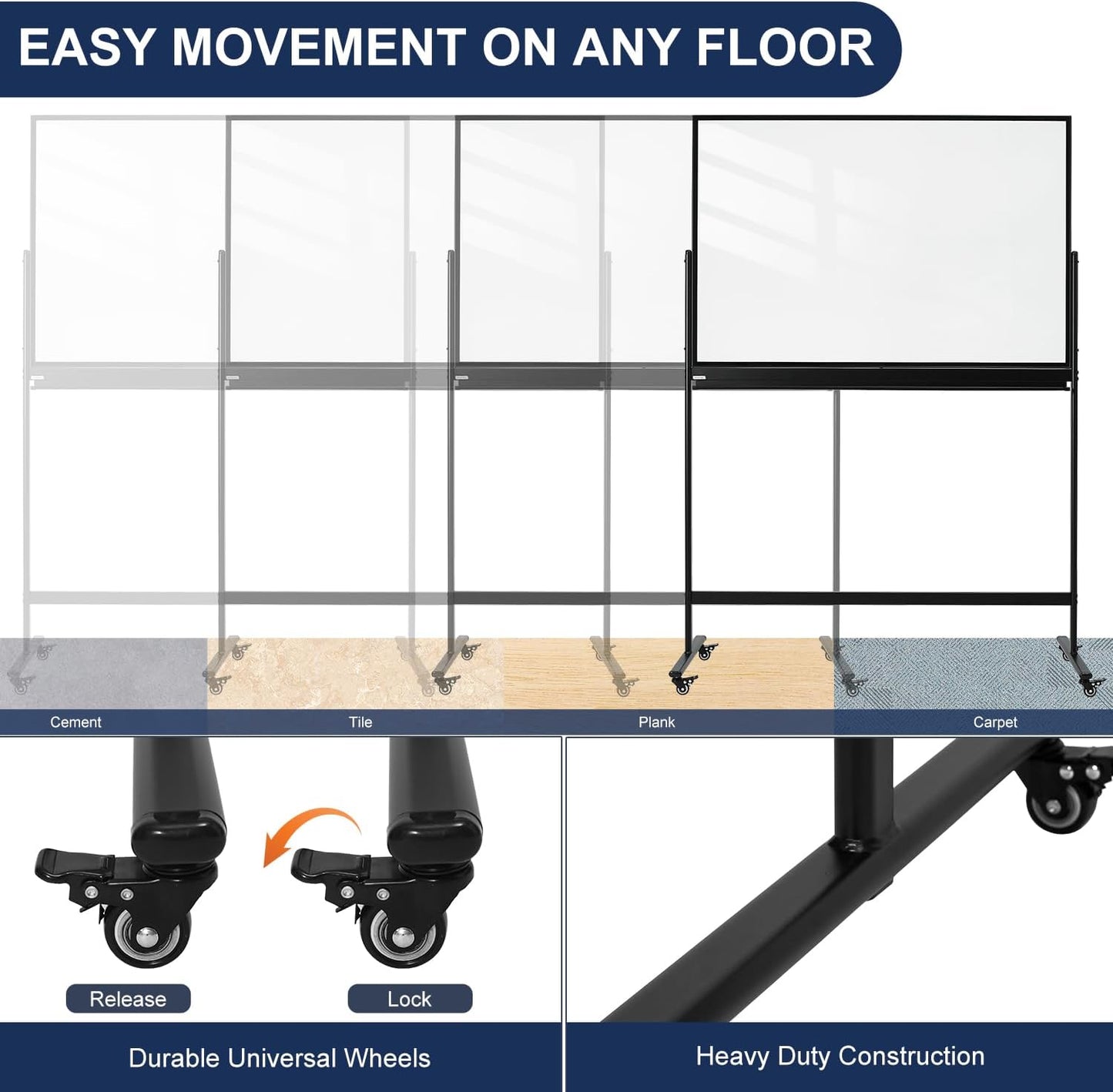 TSJ-OFFICE Rolling Clear-Glass Whiteboard on Wheels - 48" x 32" Mobile Dry Erase Board with Stand, Large Rolling White Board with 25 Sheets Paper Pad, Transparent Tempered Glass Board for Home Office