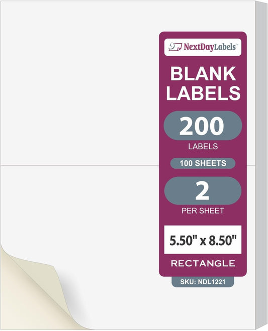 NextDayLabels – 8-1/2" x 5-1/2" Rectangular Sticker Labels for Printer - White Laser/Inkjet Printer Labels Return Address Labels Shipping Label Stickers (100 Sheets, 2 Per Sheet, 200 Labels)