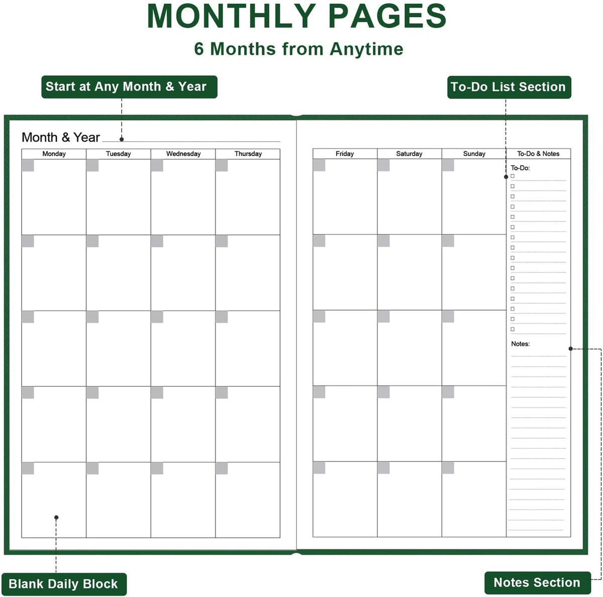 Daily & Monthly Planner for 2025 2026 or Anytime - ADHD Planner Two Pages Per Day, Daily Planner Undated to Increase Focus, Eliminate Overwhelm, Achieve Your Biggest Goals, 5.8'' × 8.3'', Green