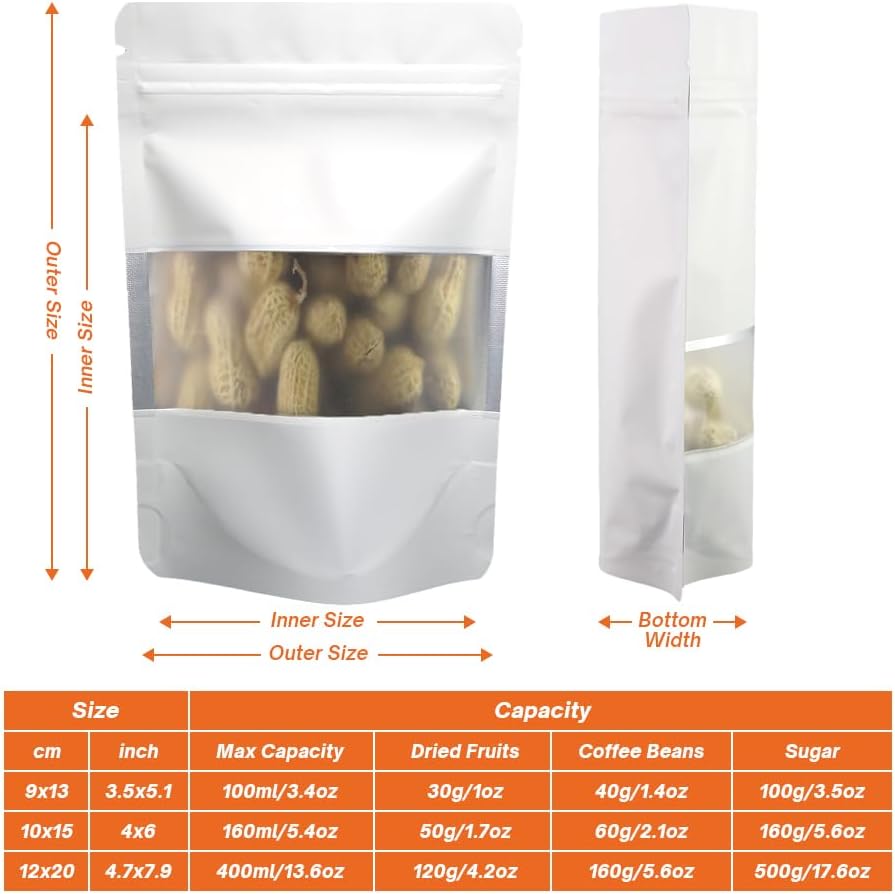 4CP 100 Pcs White Zipper Smell Proof Bags with Window, 4.7x7.9 Inch Stand Up Foil Pouches for Food Selfsealing Storage, Reusable Bag for Packaging Small Business, Cookies, Nunt, Candy