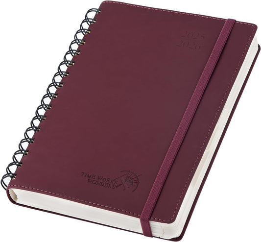POPRUN Daily Planner 2025-2026 One Page per Day (6'' x 8.5'') with Spiral Bound Leather Soft Cover, Academic Year Appointment Book (Jul.2025 - Jun.2026) with Hourly Slots, Inner Pocket- Claret