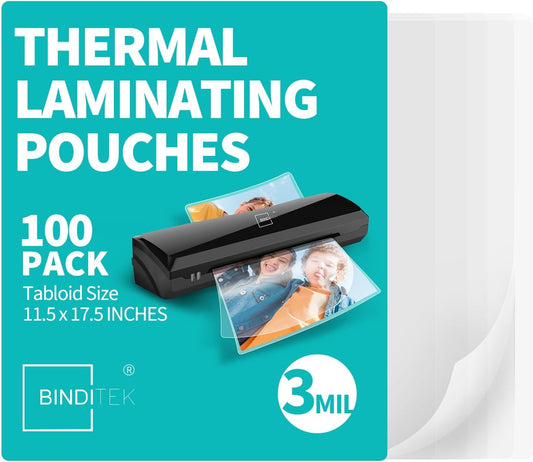 Binditek 100 Pack 3 Mil Thermal Laminating Pouches, 11.5x17.5 Inches Laminating Sheets, for Tabloid Size, Ultra Clear, Glossy, Hold 11x17 Inches, Heat Seal, School Office Supplies