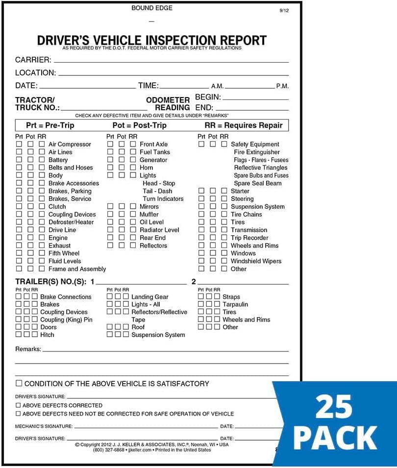 Detailed Driver's Vehicle Inspection Report (Pre- & Post-Trip) 25-pk.- Stapled Pack with 31 Sets, 2-Ply Carbonless, 5.5" x 8.5", Meet FMCSR Requirements, J. J. Keller & Associates, Inc.