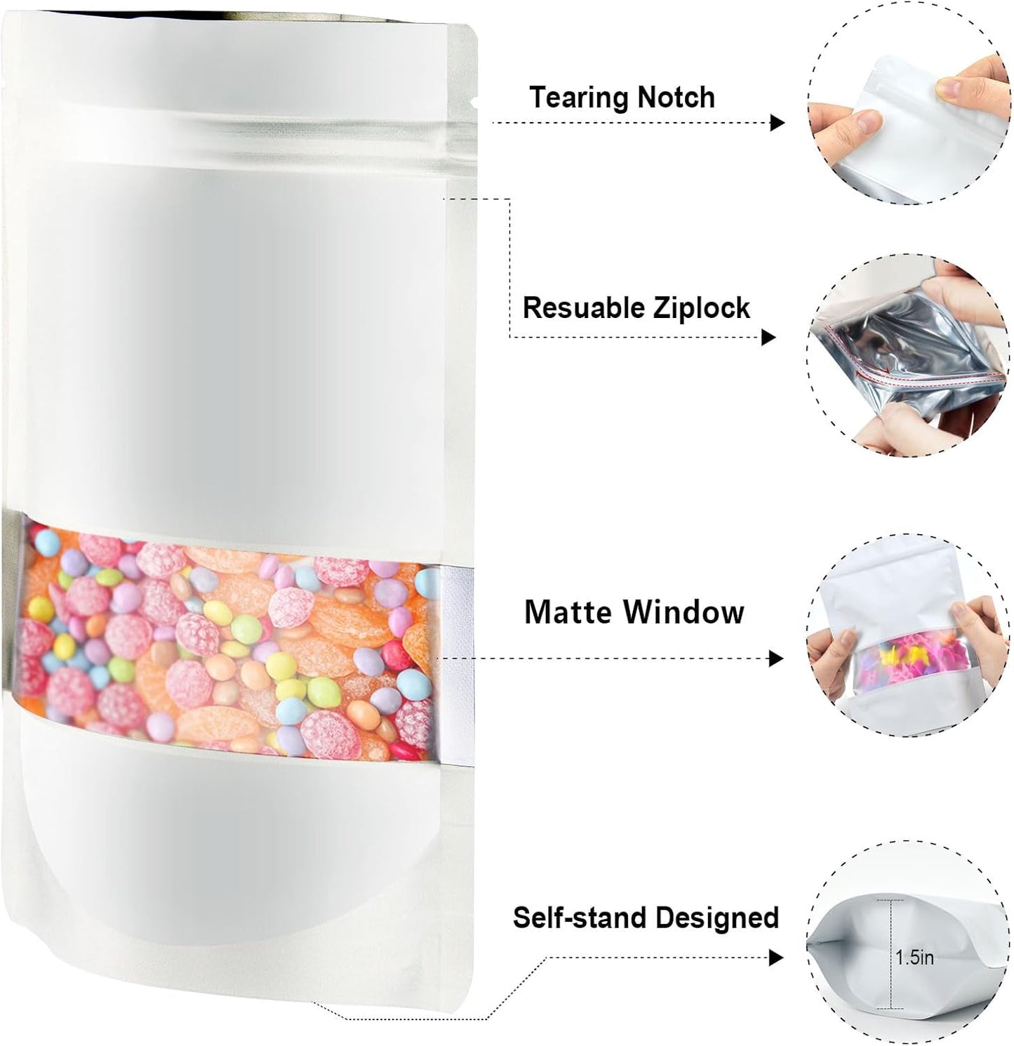 7.1"x10.2" 1 Quart 120pcs Mylar Bags for Food Storage,Smell Proof Bag with Matte Window Resealable Food Storage Bags for Small Business, Stand-up Foil Pouch Packaging Freeze Dried Candy Bag（White）