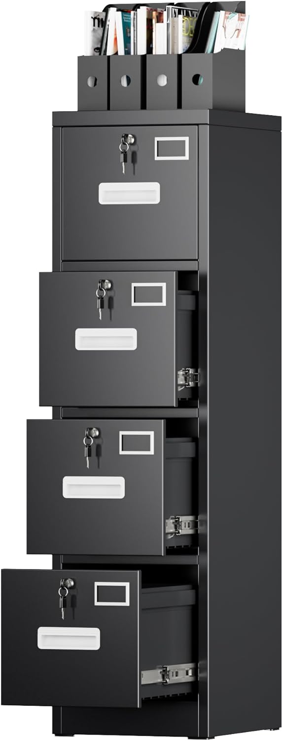 4 Drawer File Cabinet, Metal Vertical Black Filing Cabinets with Locks Name Card Holder for Home Office, Assembly Required