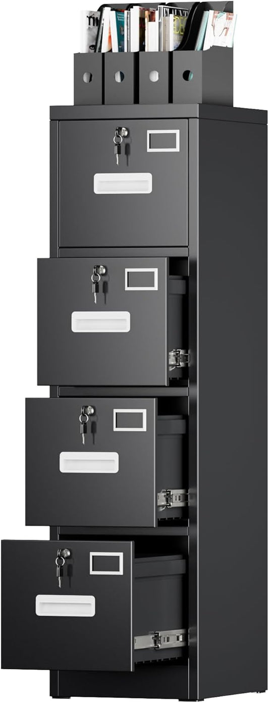 4 Drawer File Cabinet, Metal Vertical Black Filing Cabinets with Locks Name Card Holder for Home Office, Assembly Required