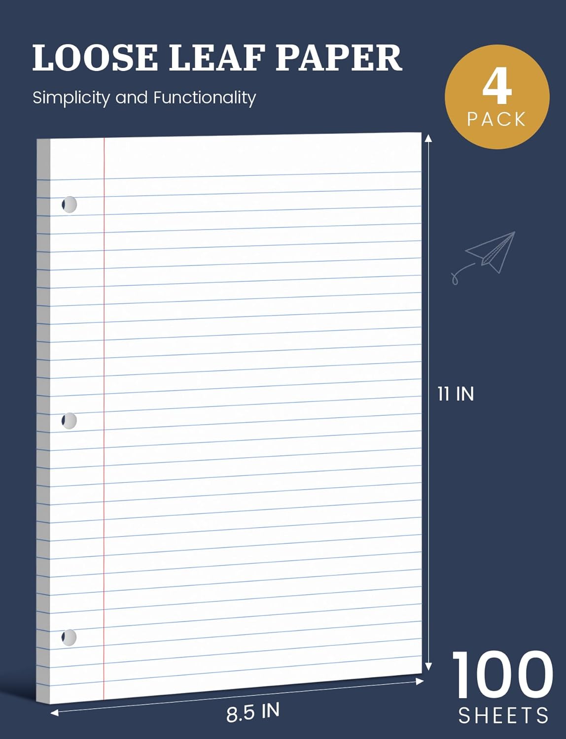 Loose Leaf Paper Wide Ruled, 8-1/2 x 11 In, 400 Sheets Filler Paper for 3-Ring Binder, Double-Printing Lined Paper, 3-Hole Punched Notebook Paper Binder Paper 8.5'' x 11'', 4 Pack, 100 Sheets/Pad