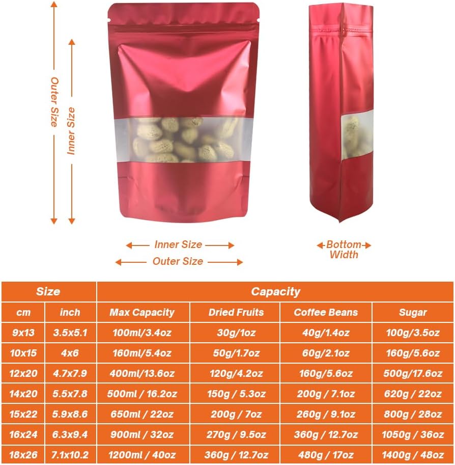 4CP 100 Pcs Red Zipper Smell Proof Bags with Window, 5.5x7.9 Inch Stand Up Foil Pouches for Food Selfsealing Storage, Reusable Bag for Packaging Small Business, Cookies, Nunt, Candy