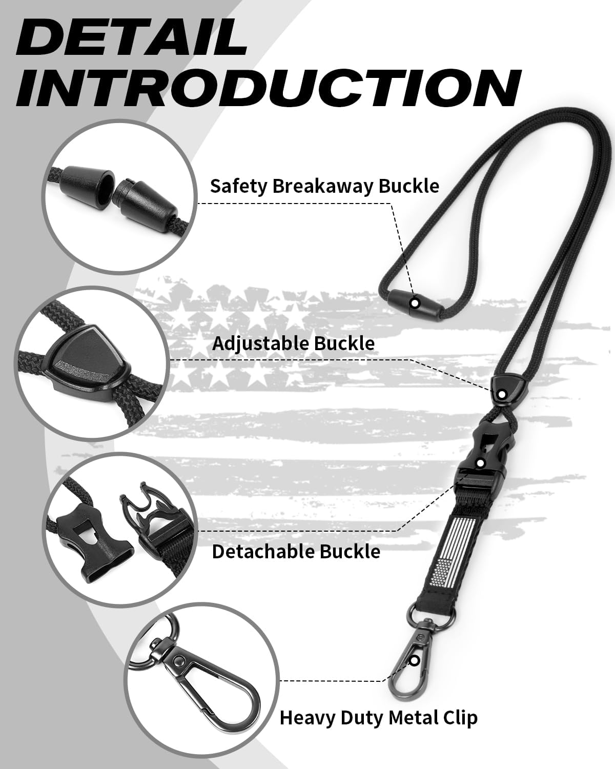 LIUGX Badge Holder with Heavy Duty Breakaway Lanyard, Carbon Fiber-Texture, Durable ID Card Holder (Holds 6 Cards) with Quick Release Detachable Buckle, Metal Clip, American Flag