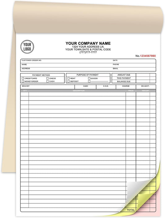 Custom 8.5" x 11" Invoices Receipts Carbonless Books in 3-Part Duplicate Personalized Company Address Name Phone Number 50 Sets