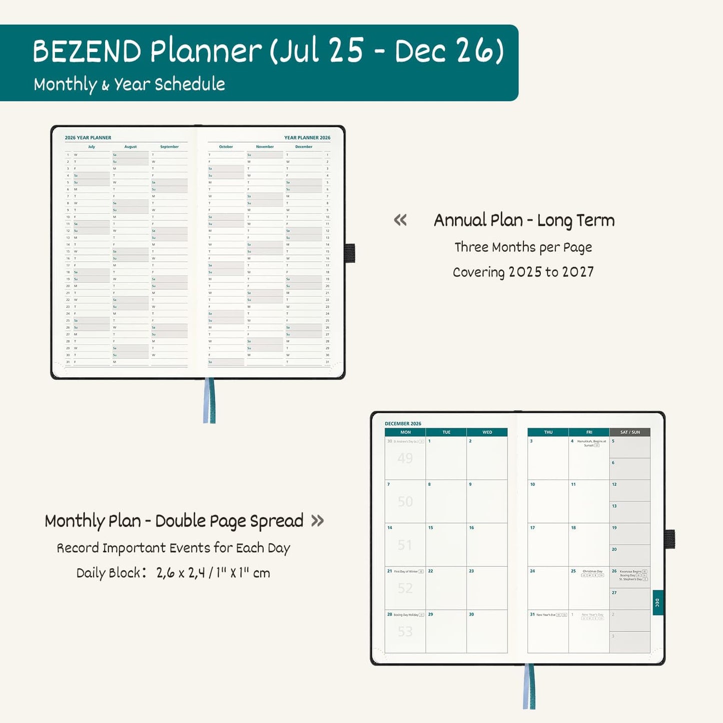 BEZEND Pocket Planner 2025-2026 Weekly with 2 Columns, 18-Month Academic Calendar (Jul 25-Dec 26), Life Work Appointment, Storage Pocket, Pen Holder, PU Leather Hardcover 3.5" x 6" - Fruit Green