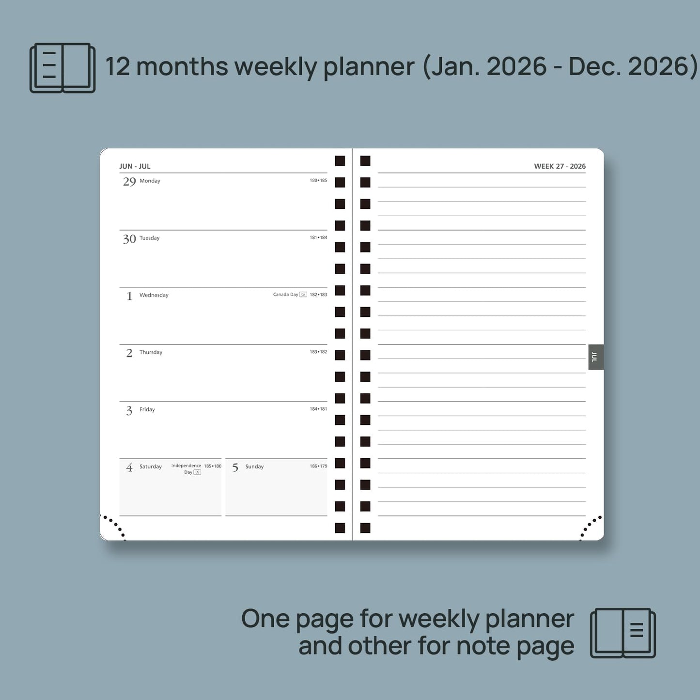 POPRUN 2026 Planner Weekly Notebook (Jan-Dec), Small Size 4''x 6.25'' - 2026 Pocket Calendar for Purse with Spiral Soft Cover, Plastic Ruler, Inner Pocket, 100 GSM - Petrol