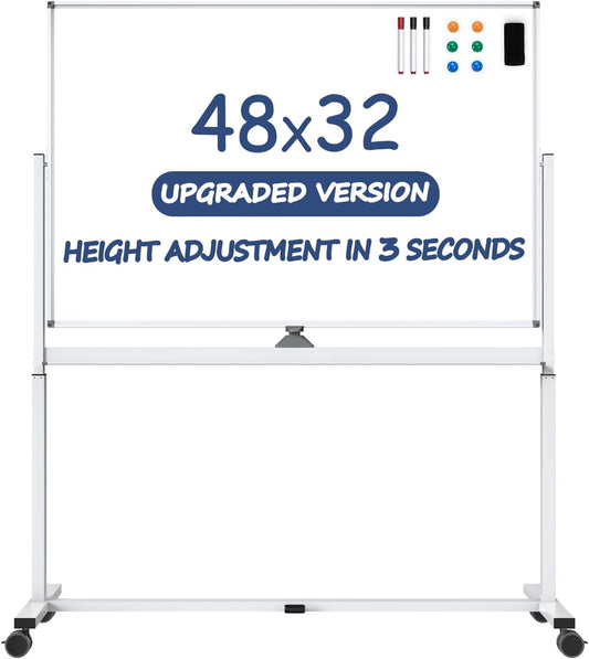 White Board on Wheels, 48 x 32 Inches Height-Adjustable Large Rolling Whiteboard, Mobile Magnetic Dry Erase Board with Stand, Double-Sided Standing Whiteboard for Office, Home, Classroom, School