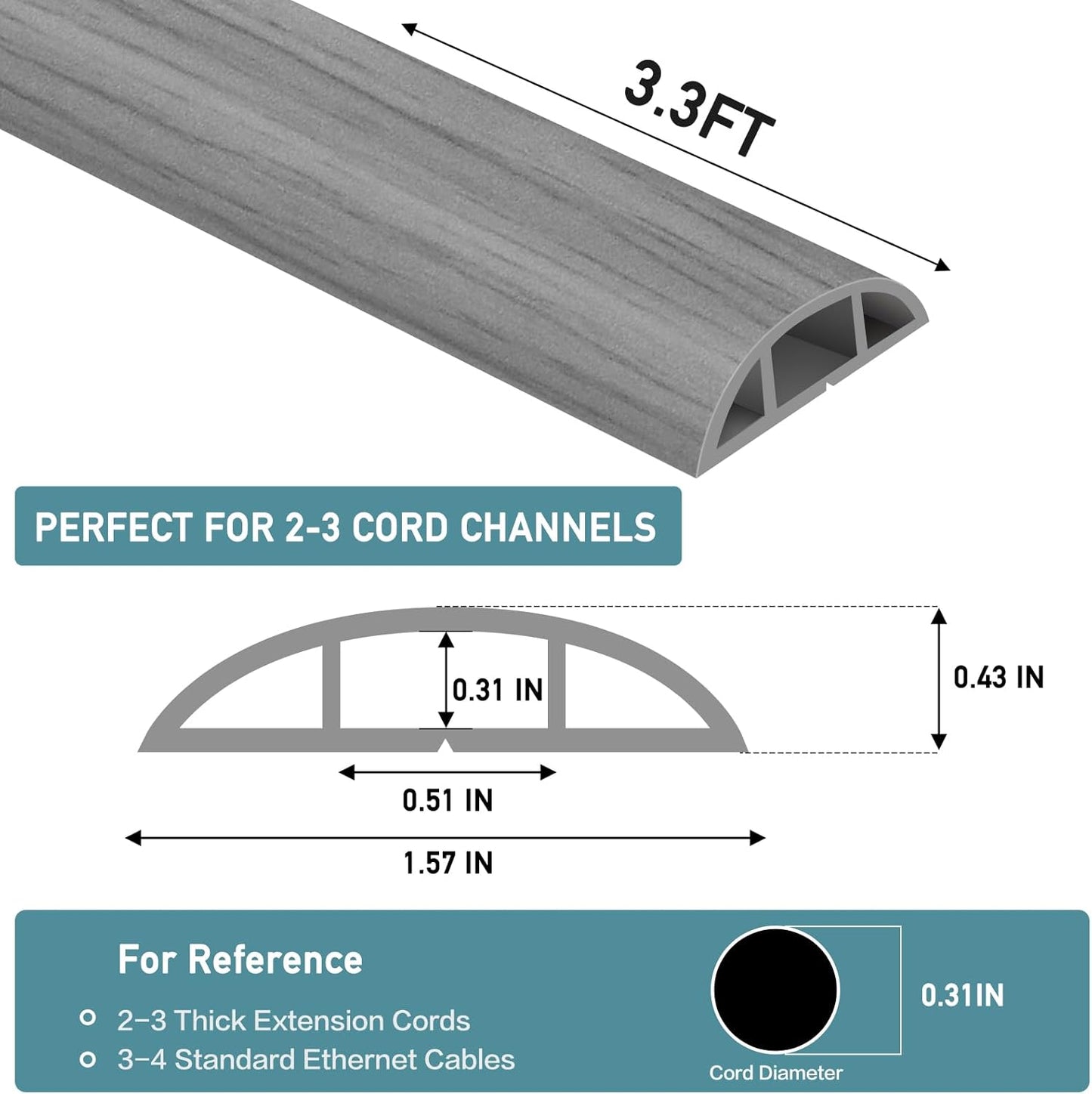 Floor Cord Cover Self Adhesive Cord Hider Floor Extension Cord Covers for Floor Power Cord Protector Cable Management Prevent Cable Trips Cable Cavity 0.51" W x 0.31" H (Light Grey Wood, 3.3Ft)