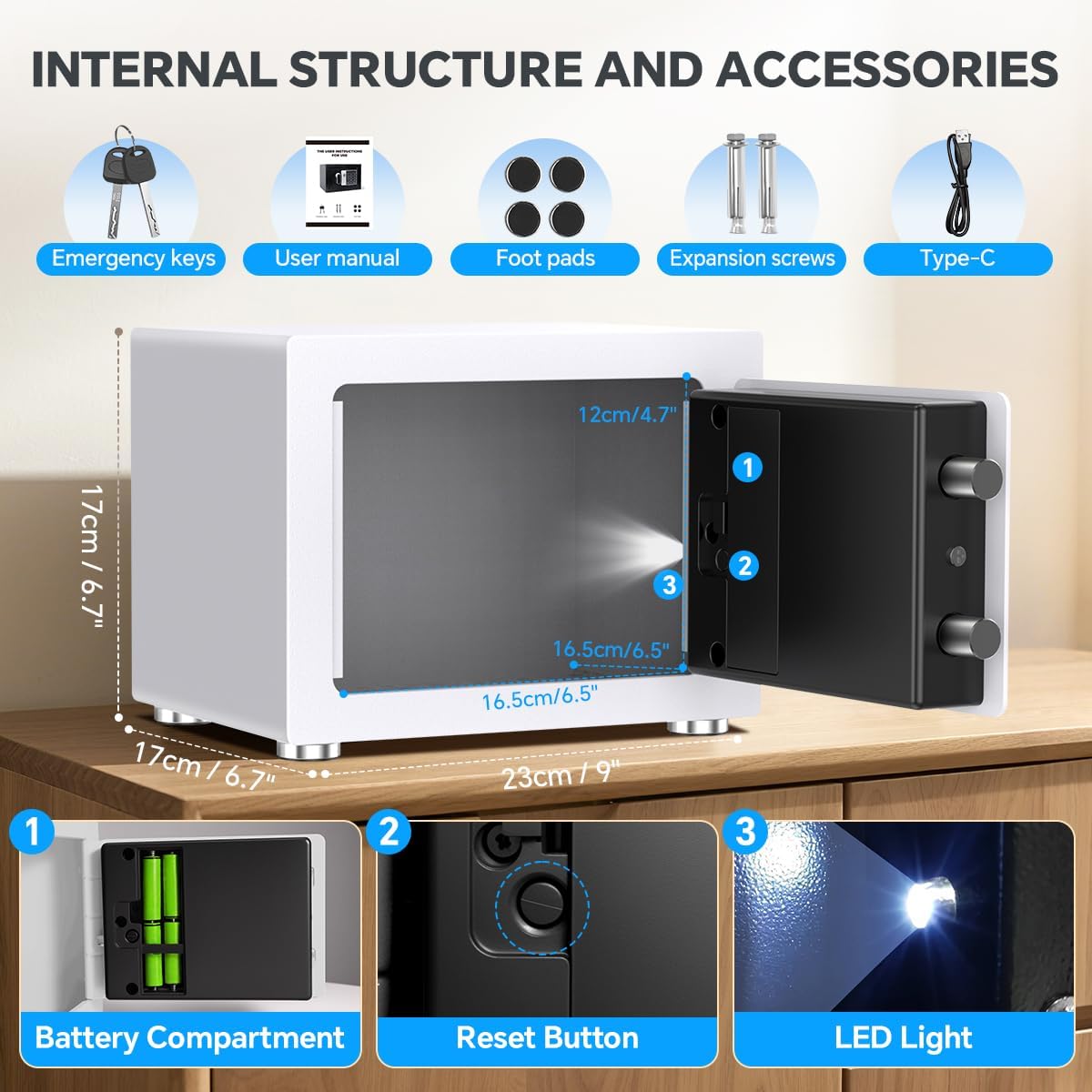 Small Home Safe, 6.7”D x 9”W x 6.7”H, Electronic Keypad Lock Security Box for Cash, Jewelry, Passport, Hidden Safe for Closet, College Dorm Room, White