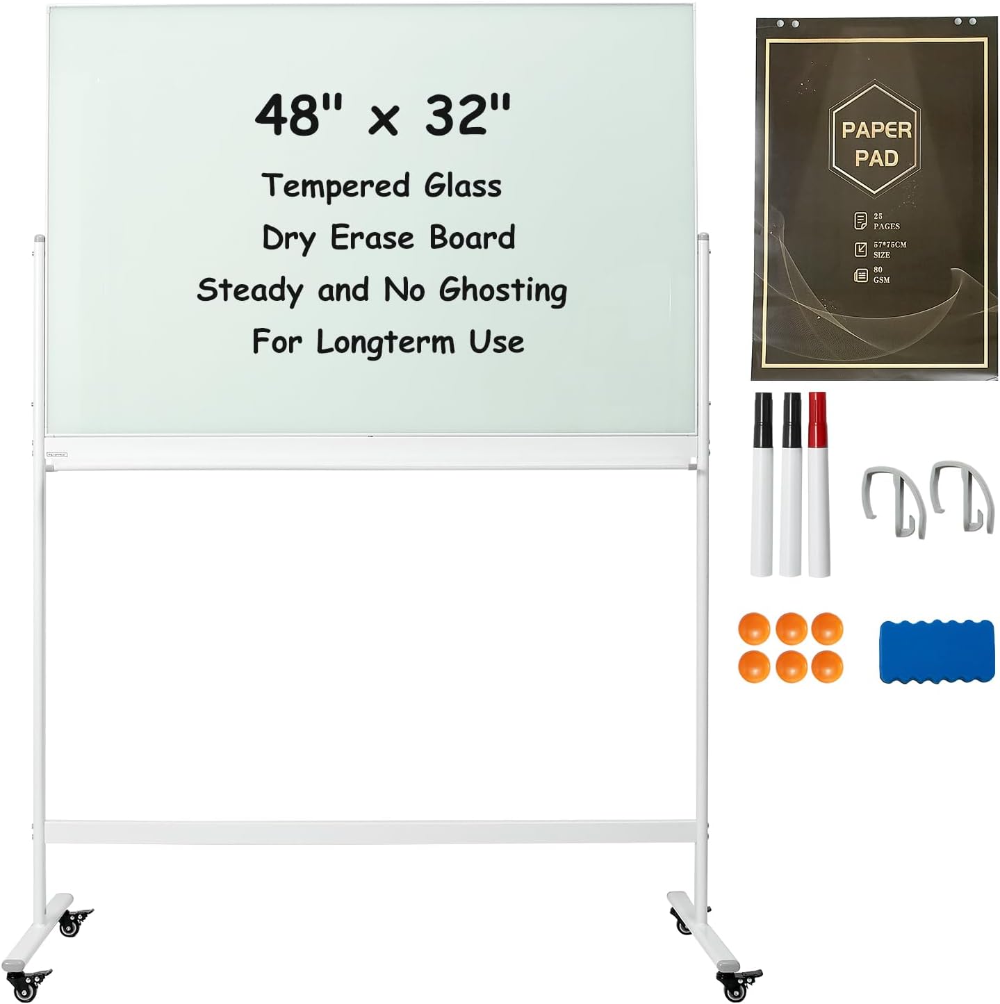 TSJ-OFFICE Rolling Glass Whiteboard on Wheels - 48" x 32" Magnetic Mobile Dry Erase Board with Stand, Large Rolling White Board with 25 Sheets Paper Pad, Transparent Tempered Glass Board Office, Home
