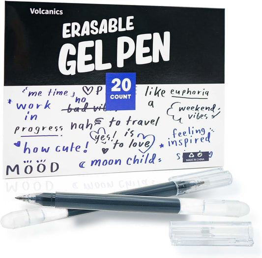 Volcanics Black Erasable Gel Ink Pens 20 Pack – Smooth Writing Heat Erasable Gel Pens with Cap, No Refill Needed, No Smudge, Ideal for School, Office, Journaling, Sketching, Note Taking