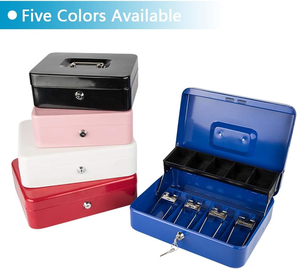 KYODOLED Locking Cash Box with Lock,Money Box with Cash Tray,Lock Safe Box with Key,Money Saving Organizer,11.81Lx 9.45Wx 3.54H Inches,White XL Large