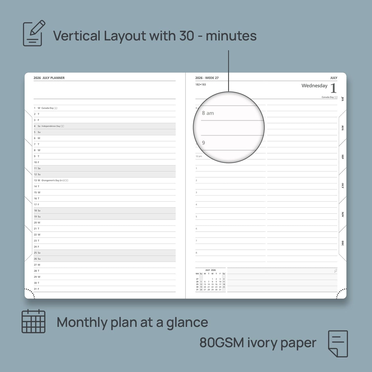 POPRUN 2026 Daily Planner One Page Per Day Even Weekends A4 Large Size (8.5" x 12") - 12 Months Calendar Hourly Appointment Book with Inner Pocket, Pen Holder, Hardcover - Orange