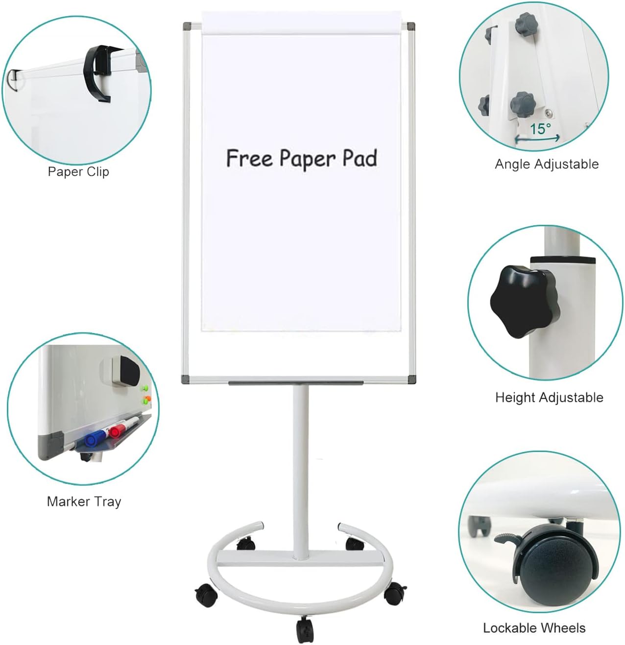 BIBOC Mobile Dry Erase Board – 36x24 inches Magnetic Portable Whiteboard Stand Adjustable Easel White Board Flipchart Easel Board with 25 Sheets Paper Pad 1 Eraser, 2Markers (24x 36 inches)