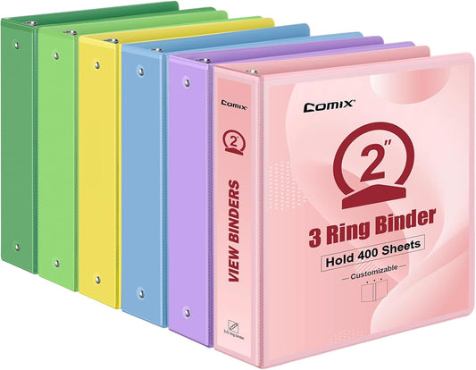 COMIX Standard 3 Ring Binder 2 inch with Clear View Cover, 2" Round Ring View Binder Holds 400 Sheets of US Letter Size Paper, 6 Pack (Multicolored)
