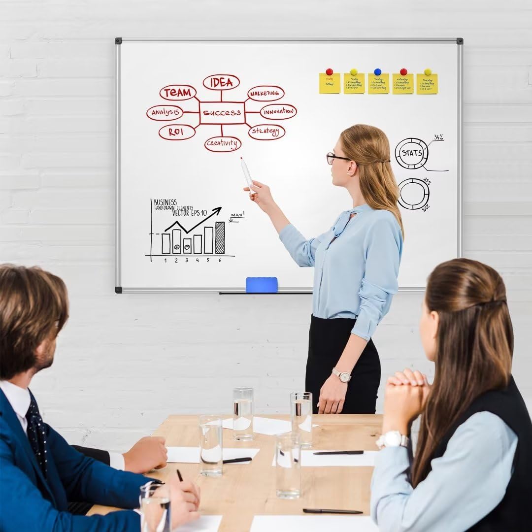 Magnetic Dry Erase Whiteboard 48 x 36 Inch - 4 x 3 Large White Board, Silver Aluminum Frame Wall-Mounted, Magnetic Eraser, 2 Pen, Detachable Marker Tray, 6 Magnets for Office, School