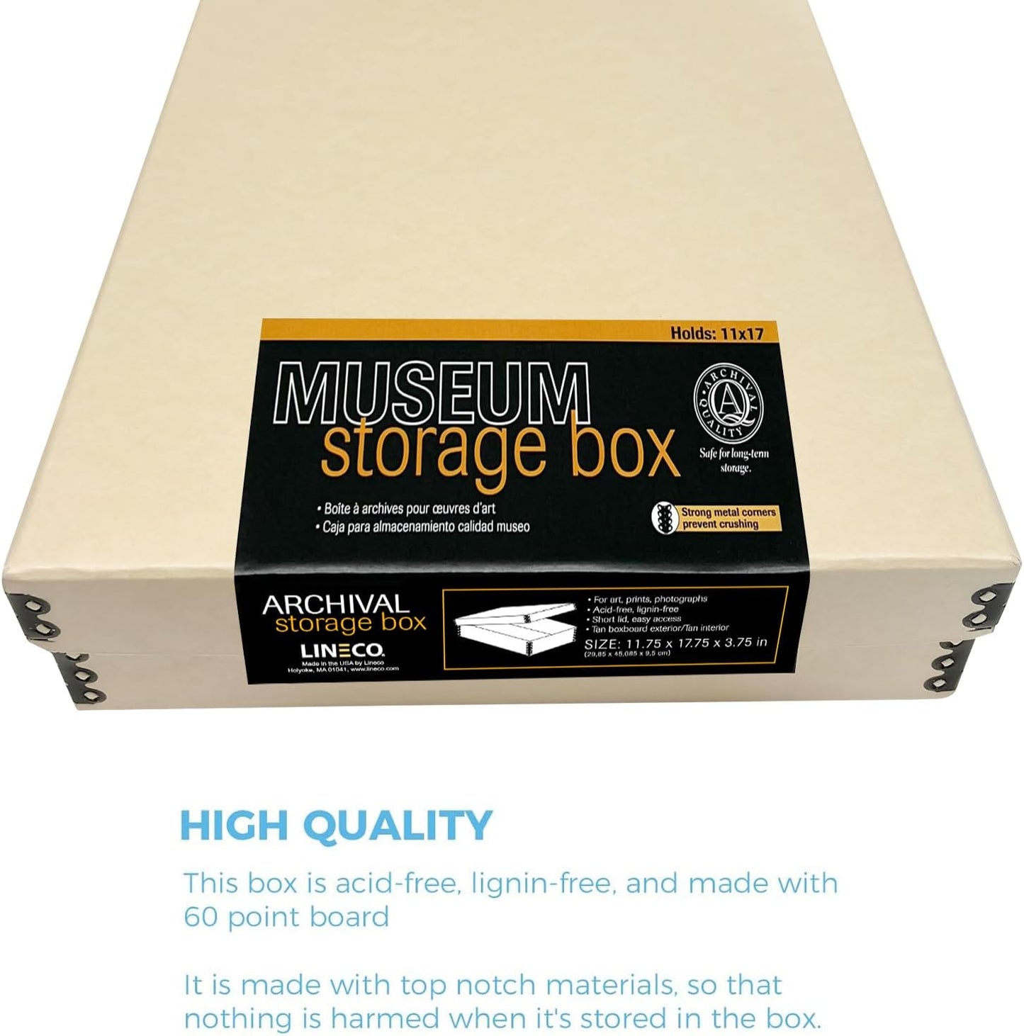 Lineco Museum Archival Storage Box, 11.75x17.75x3.75 in. Drop Front Design. Acid-Free with Metal Edge. Organize Photos, Pictures, Prints, Documents, Crafts, DIY. Tan, 1 Pack