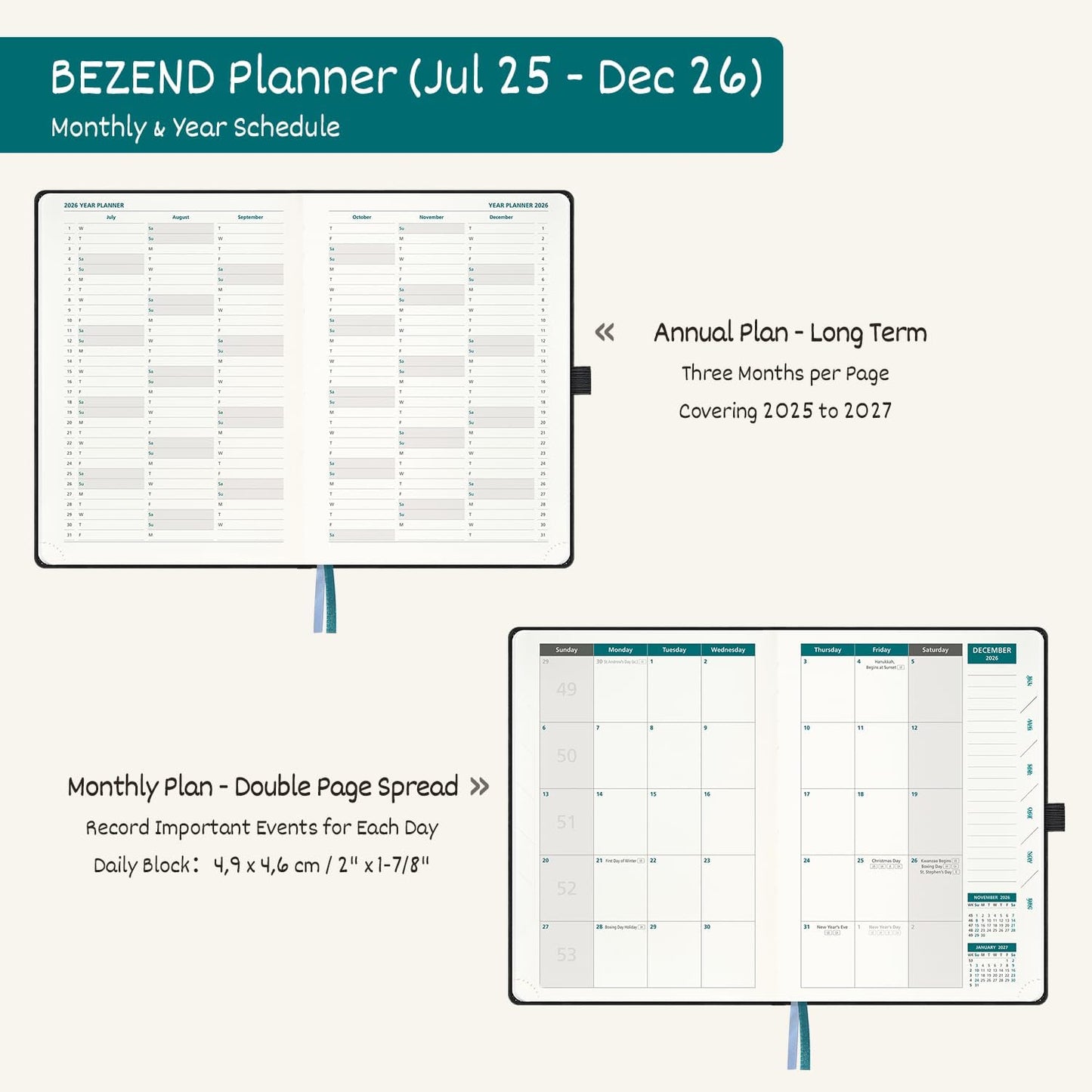 BEZEND Weekly Planner 2025-2026 with 2 Columns, 8.5" x 11" Academic Calendar 18 Months (Jul 25-Dec 26) Life Work Appointment Book with Monthly Tab, PU Leather Hardcover - Dutch Blue