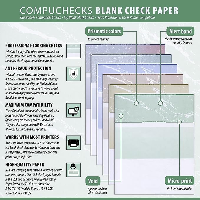 Business Voucher Check Stock - 2500 Sheets, Check on Top, Blue Marble