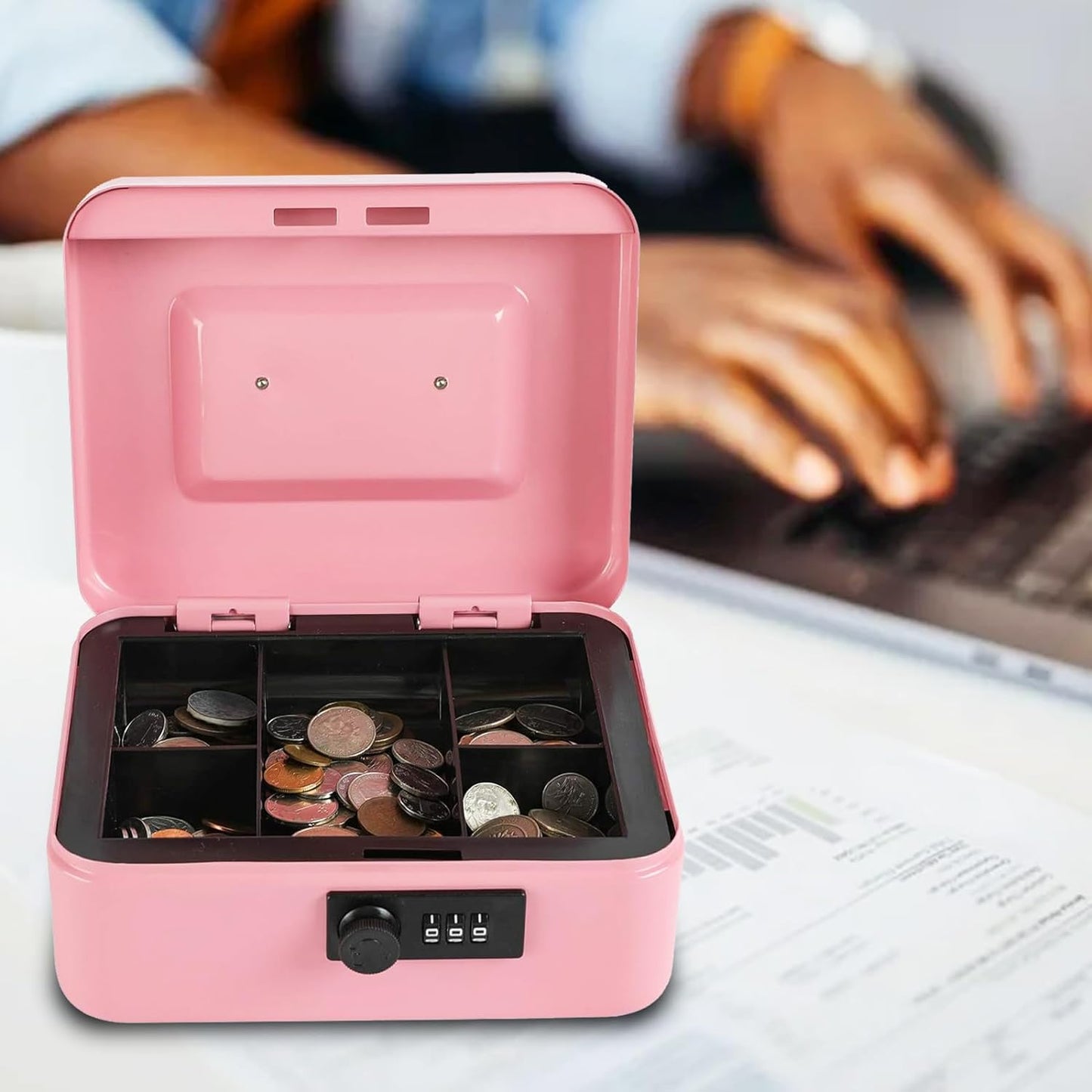 xydled Steel Cash Box Safe with Combination Lock,Money Safe Box with Removable Coin Tray,Medium,7.87"x 6.30"x 3.54",Pink